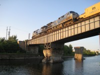 Two leased 'Bluebirds' cross CP's Rockfield Bridge, on their way back from the U.S. This bridge was once a swing bridge when the Lachine Canal was open to traffic, but has been locked in place for probably about four decades.