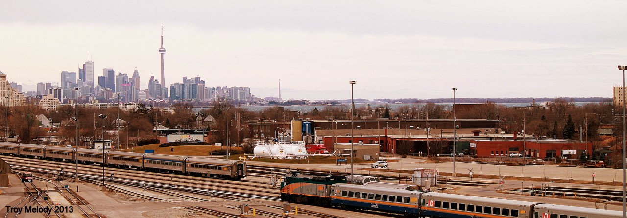 A busy day at the Toronto Maintenance Center, with a great view of the downtown Toronto skyline from the Islington Ave. bridge that crosses the TMC.
