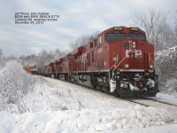 CP train #205, leader 8909, stopped west of Cameron Rd., awaits a re-crew December 24, 2012