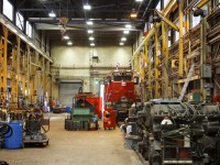 A look inside of Ontario Northland's Diesel Shop in North Bay, Ontario. Hiding amongst equipment is GEXR 4019, an EMD GP40 that has apparently been here since 2009. *Photograph taken with permission, while on a tour provided by ONR*