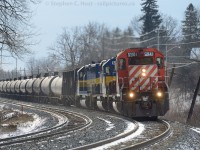 CP Train 642 with CP 5941, ICE 6420, DME 6069 and ethanol loads rounds the curve at Campbellville.