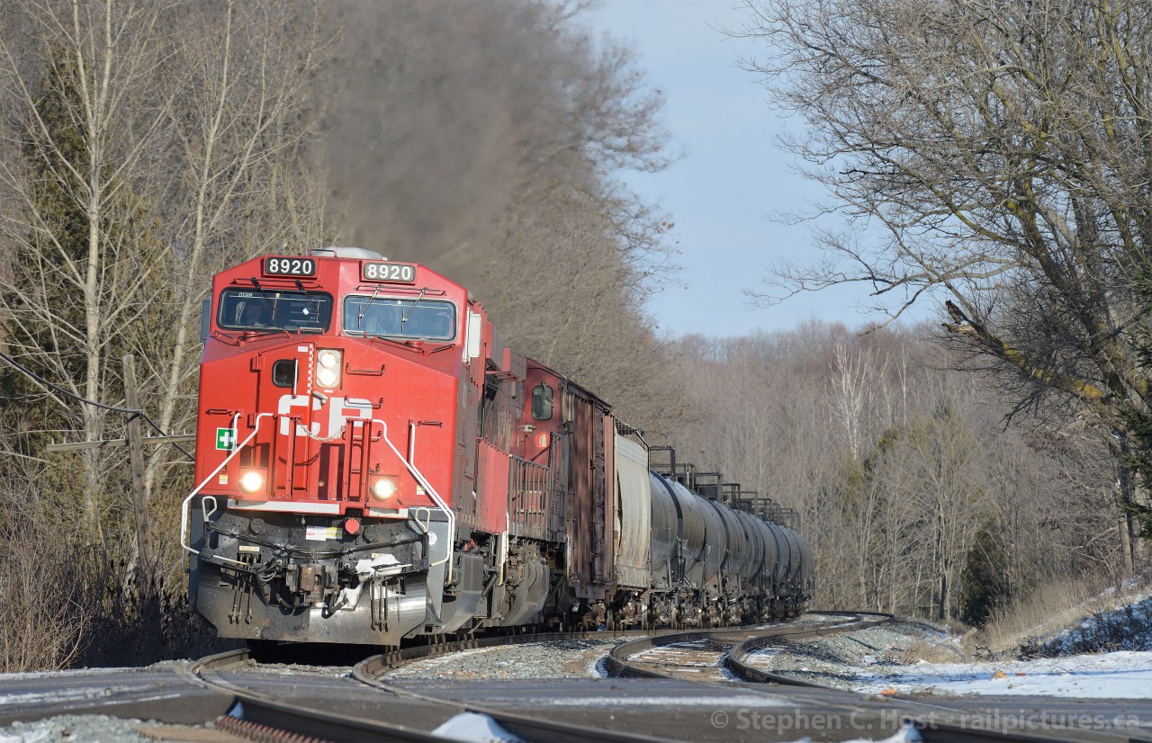 CP train 609-408, 104 crude oil empties is seen at Campbellville after having assisted 234 with a blown hosebag and a rollby inspection.