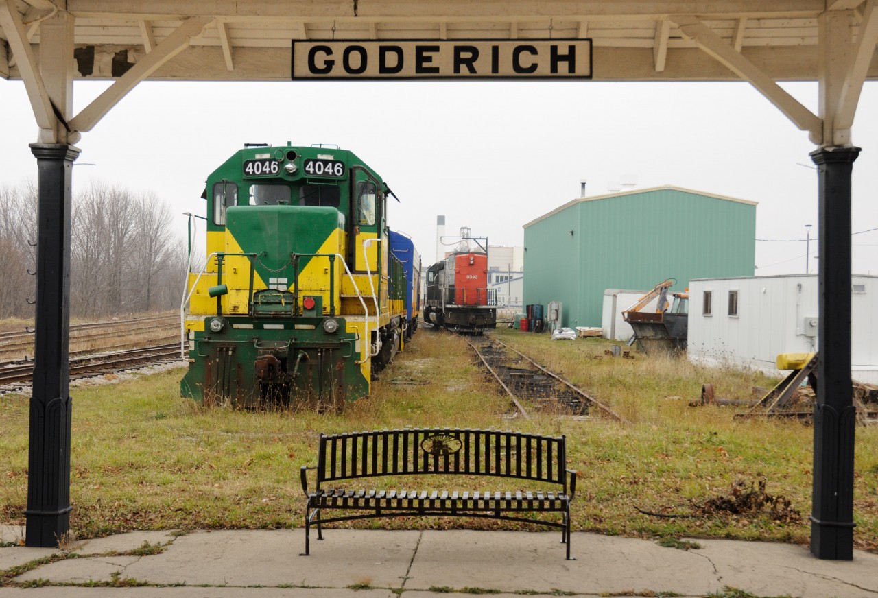 Have a seat: If you wait on this bench for a passenger train - you'd be waiting a long time. You would also wait a long time if you expected 4046 to move, as it is being used as a part source for its brothers and sisters still plying the rails on the Goderich-Exeter Railway. The last passenger train to Goderich was in 1970.. 4046 is likely to move in a much shorter timeframe :)