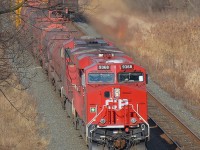 Sudbury ON to Buffalo NY train 246 eases through Desjardins on the Hamilton Sub. The train is finally moving again after losing it's air at MP 62 near Waterdown ON. It took the conductor quite some time to locate the defective air hose and repair it so they could continue their decent down the Niagara Escarpment. The train will set off the head end coil cars at the Steelcare facility at Aberdeen Yard shortly and proceed to Buffalo.