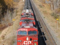 Canadian Pacific train #608 - unit train of crude oil - led by CP 8732 and CP 8733 on the approach to Thunder Bay amid the fleeting fall colours of the aspen poplar trees.