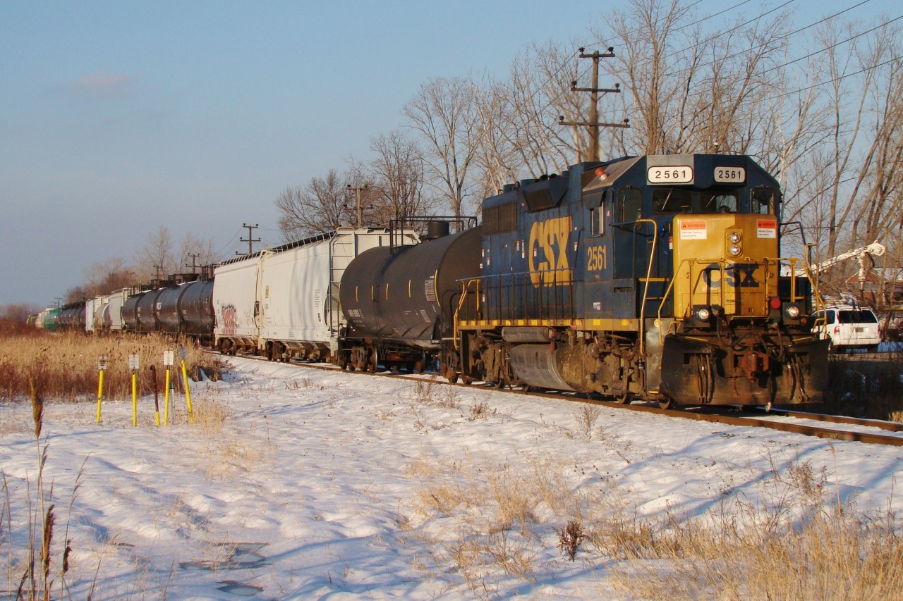 The Daily CSX-CN transfer is heading back to CN with CSX 2561 (Note: this unit is now set up for remote control operation) hauling 39 cars in tow. This was just days after a Protest blocked the tracks and held up railway traffic for over a week.