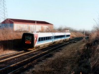 The IC3 Flexliner.  Another one of those VIA experiments, now almost forgotten. This was suppost to be a 6 month experiment in Southern Ontario with 2 Flexliner sets, designed and built by ADtranz, a new company spin off from ABB and Daimler-Benz. Over 200 sets of these Danish-built trains were operating in Europe in 1996. The Flex went into service Sept 29/96. Incidents in which the trainsets were not reliably activating track circuits resulted in them being pulled the very next day. After 7 weeks they were seen fit to return after tests and modifications. The trial service ended for one set in late March and the other early May of 1997. VIA felt this modern equipment would not "fit their needs".