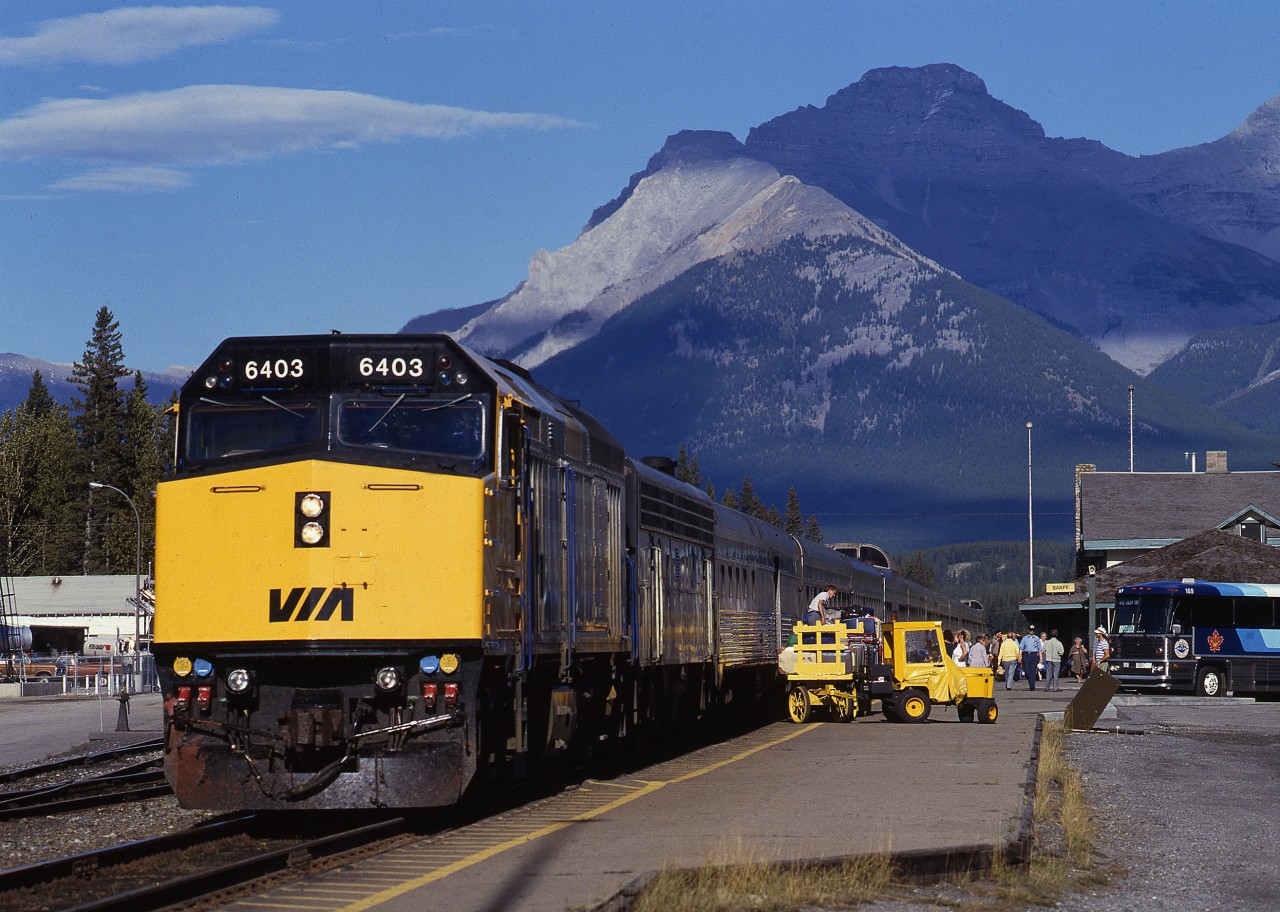 Got off the VIA Canadian at Banff after an overnight trip in a roomette from Winnipeg. Note the B-unit for steam heat and extra pulling power.
