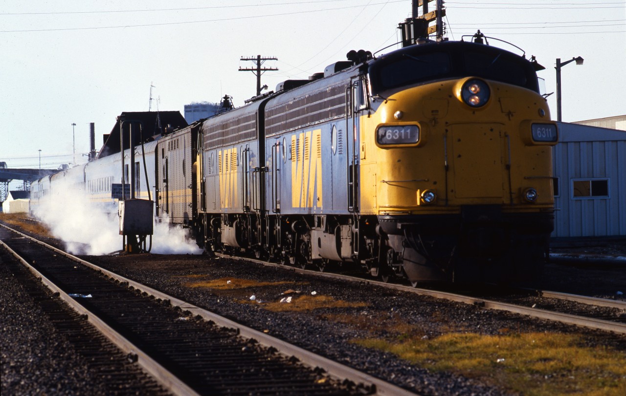 The mixed train 94 to Winnipeg is ready for its evening departure from Churchill, Manitoba.