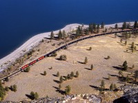 Westbound CP freight running along Kamloops Lake's south shore.