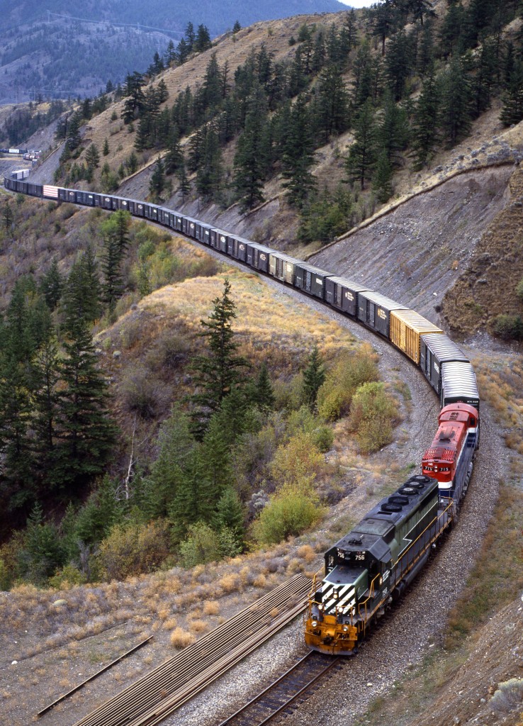 Southbound BCRail freight downgrade approaching Lillooet.