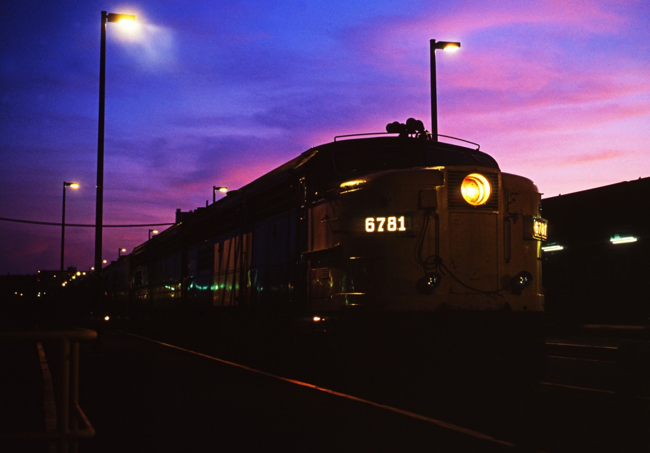 Power (MLW FPA-4 and FPB-4) of VIA number 12, the Atlantic, having arrived at Halifax from Montreal.