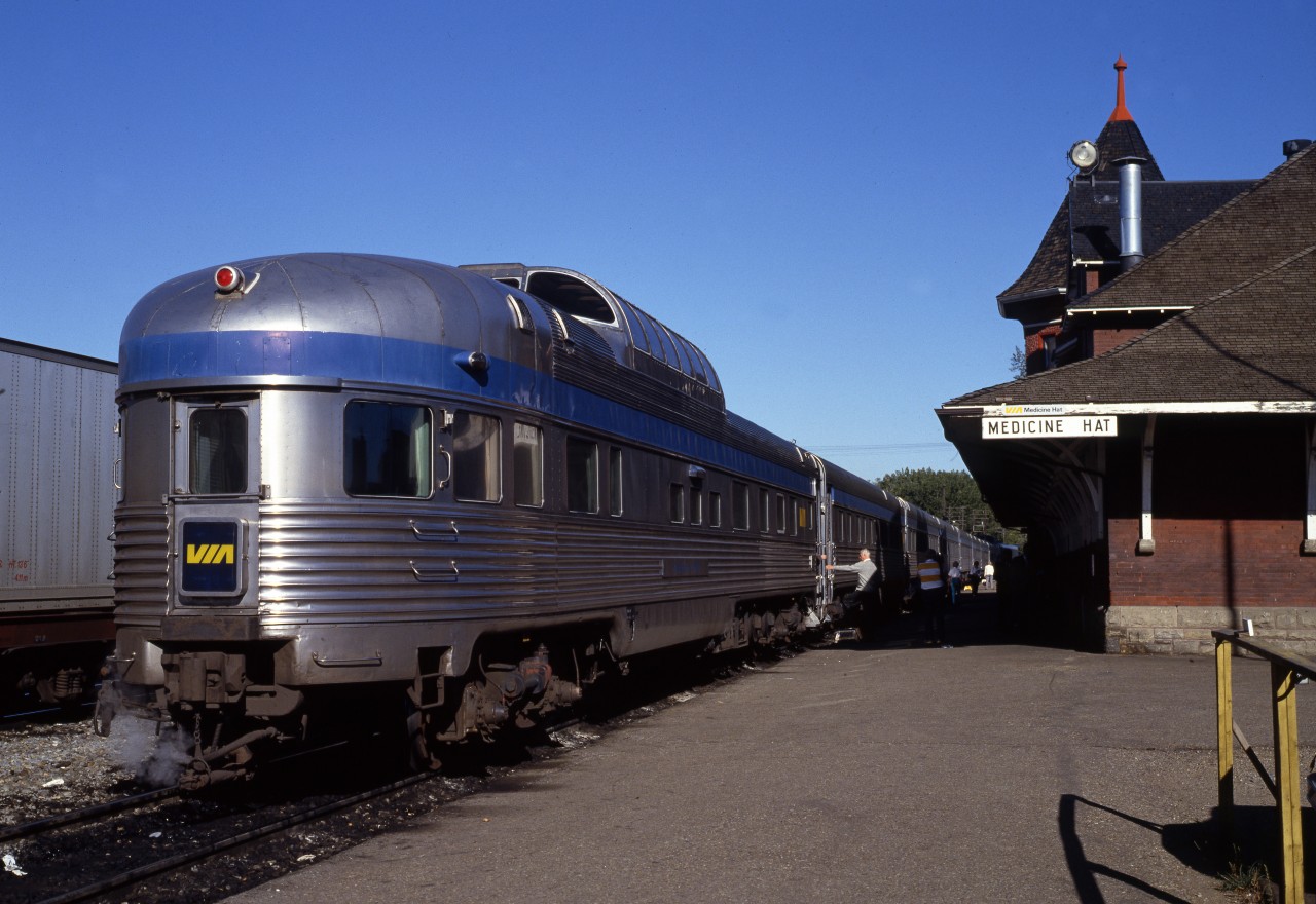 VIA 1, the Canadian for Vancouver, stopping at Medicine Hat. "Kokanee Park" dome-obs car.