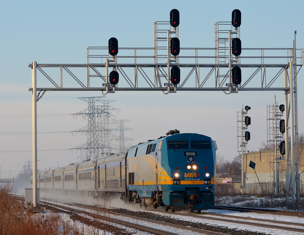 Having just made a station stop in Aldershot VIA 908 blasts through Burlington West kicking up fresh powder on it's way east.