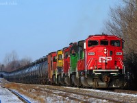 Destined for the Irving refinery at Saint John N.B, a Montreal Maine & Atlantic crude oil train idles at Farnham. A new crew will take over for the next 140 miles run to Megantic 
