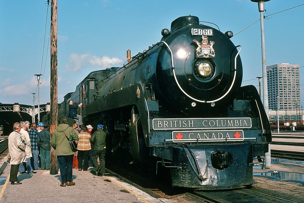 The B.C. Government Tourism Board's  “ Discover British Columbia Tour “ arrives at the Toronto Depot 16:30 hours. (note the One Yonge Street, Toronto Star building at the extreme right background and in the right middle ground is the CPR coachyard). April 11, 1978. Kodachrome by S.Danko. 
More mainline live steam in action:

    xCPR 1201 near Wakefield  

    CPR 2860  at Cherry Street  

    CN 6060 at Sunnyside  

    CN 6060 at Washago  

    CN 6060 near Trent River Drawbridge   

sdfourty.