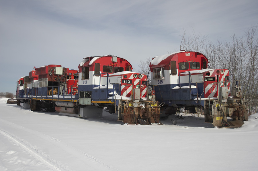The remains of ex. BC Rail RS18CAT's 613 and 615 sit at the Alberta Railway Museum. The museum scrapped several diesels during the winter of 2008 to bring in some revenue.