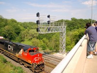 Fellow RP.ca contributors Michael Da Costa and Ian Deck grab a shot of 435 as it is passing under the signal bridge during the 2008 C-N-R Bayview meet