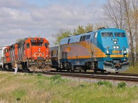 Captured here is a scene that is always a favourite of mine, VIA 73 rolls passed CN 439 on the approach to Chatham East as the engineer sips on his coffee taking advantage of the nice springtime breeze looking on as the flashy passenger train scoots by.

Refer to Stephen Host's photo of 4701 at Aldershot for an interesting comparison of two very different looking units in the same class by clicking the link here http://www.railpictures.ca/?attachment_id=8202 .