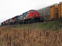 CN 369 creeps around the curve meeting the tail end of a cut of Auto Racks added to a 106 in Markham Ontario.