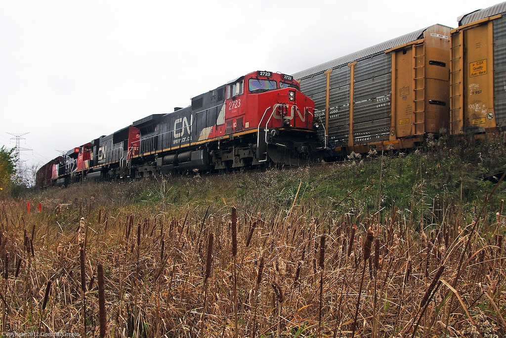 CN 369 creeps around the curve meeting the tail end of a cut of Auto Racks added to a 106 in Markham Ontario.