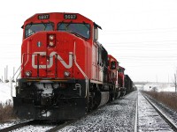 On a cold afternoon in January, CN 338 awaits a new crew at the now-closed Chinguacousy Road crossing. CN SD75I 5697, and SD40-2/W units 5386 and 5249 idle on the south main track around Mile 17 of the Halton Sub, as the snow lightly falls around them as far as the eye can see.<br><br>With a newly constructed overpass of fresh white concrete behind the photographer, a transformer station to the right, a new neighbourhood under development to the left, and an old decommissioned grade crossing front, it made for an interesting area at the edge of development in Brampton, as the city limits pushed outwards and countryside that was once next to the rail lines became swallowed up over time, like snow enveloping the barren landscape in winter.