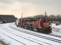 Under the power of a trio of EMDs, CP 242 stops at Guelph Junction to make a set-off/lift with the Ontario Southland Railway.