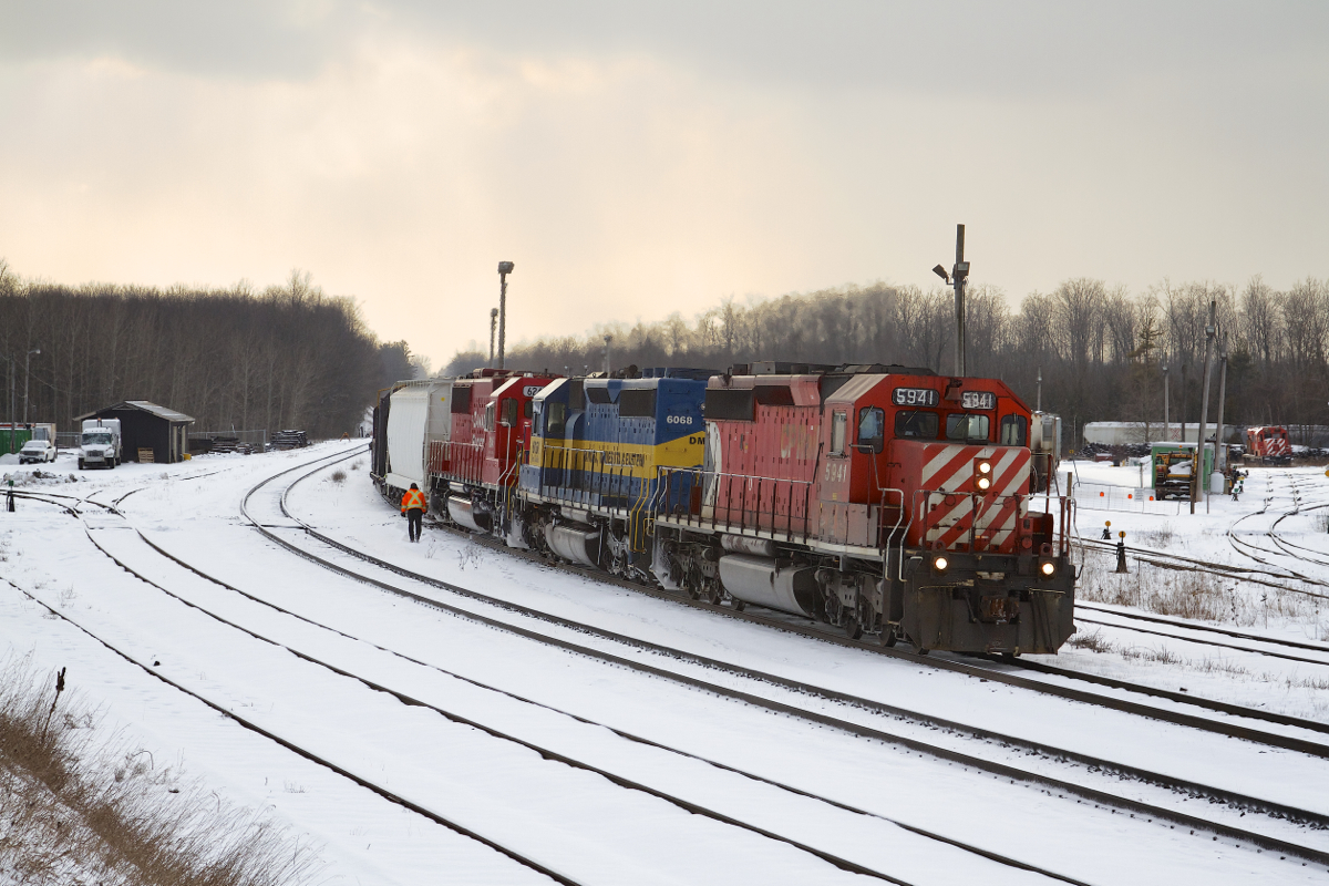 Under the power of a trio of EMDs, CP 242 stops at Guelph Junction to make a set-off/lift with the Ontario Southland Railway.