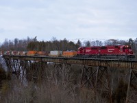 A 9700' 143 crawls across the Cherrywood trestle to prepare for a meet with 282.