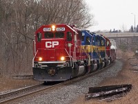 An all EMD lashup heads east out of Toronto Yard on its way to a final destination of Albany, NY. Power is CP 6254, DME 6200, DME 6363, CP 5872.