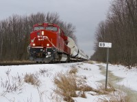 Dimensional's on the Hammer! After a lengthy journey from Thunder Bay, Ontario DIM-004 passes through Flamborough with windmill parts on the home stretch to its final destination of Welland. A special thanks goes out to fellow railfan and site contributor Arnold Mooney, for the continued updates and information on this train/