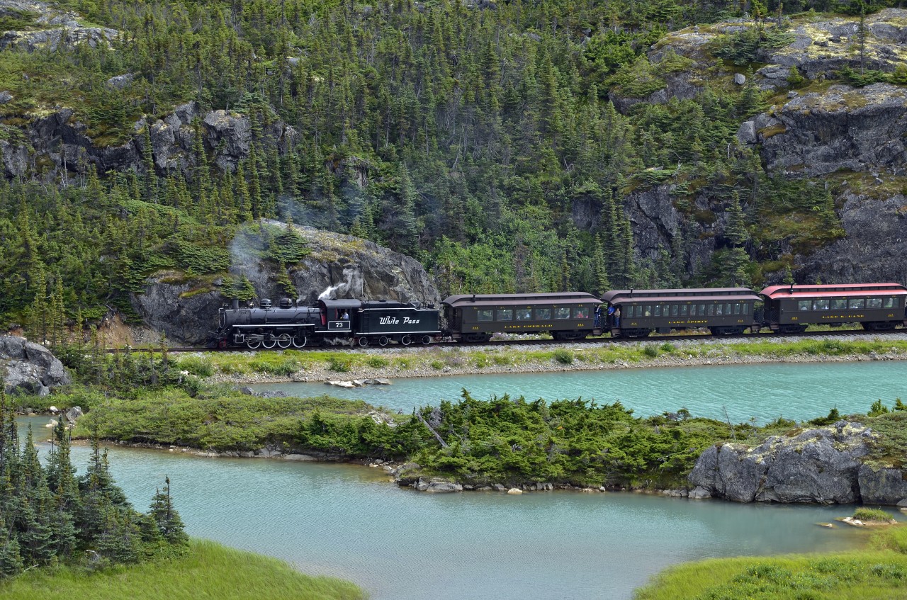 White Pass and Yukon Steam train approaching Fraser Meadows, where a balloon loop is located.