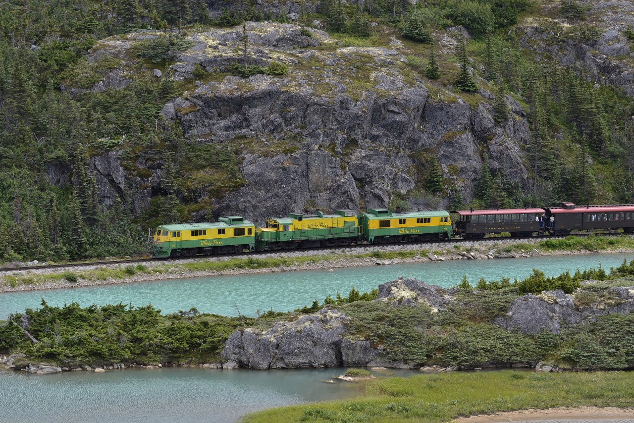 A Fraser-bound tourist train from Skagway approaching Fraser Meadows