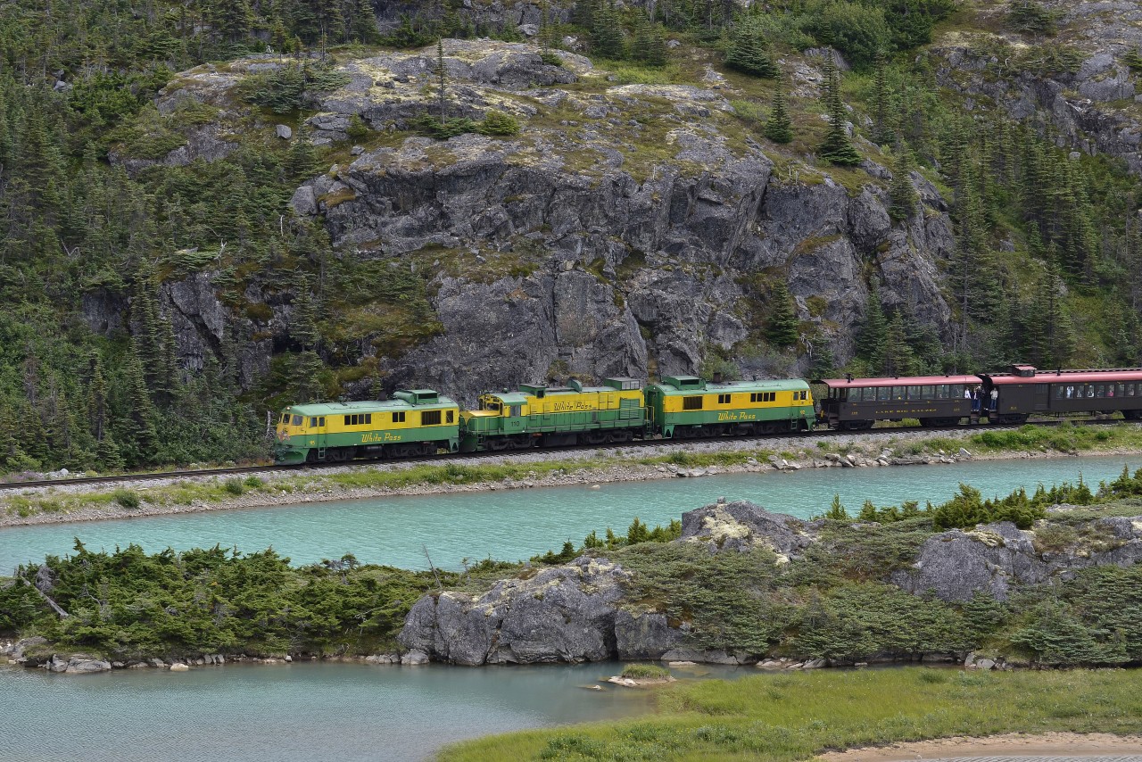 A Fraser-bound tourist train from Skagway approaching Fraser Meadows