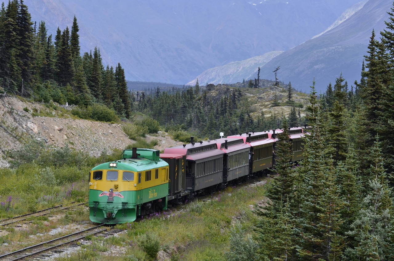 The Carcross train for Skagway arriving at Fraser station.