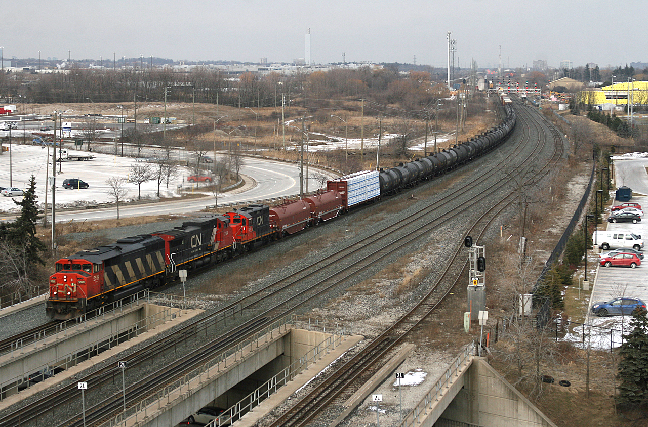CN 435 makes an unusual appearence in Oakville with CN 5519, CN 2184 and CN 7080 providing the power.  This shot was taken from the top level of the new GO Transit parking garage.  Thanks David for the heads up!