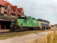 These two locomotives working on the NBSR barely had time to get acquainted. The GP38 HLCX 3669, still in BAR (#301) colours had just arrived on the railroad and the NBSR 3760 (GP9E)was shipped out to the Great Western Rwy of Loveland, Colorado the next month. The huge historical former CP McAdam station is a classic, and was featured on a $2 Canadian stamp a number of years ago.