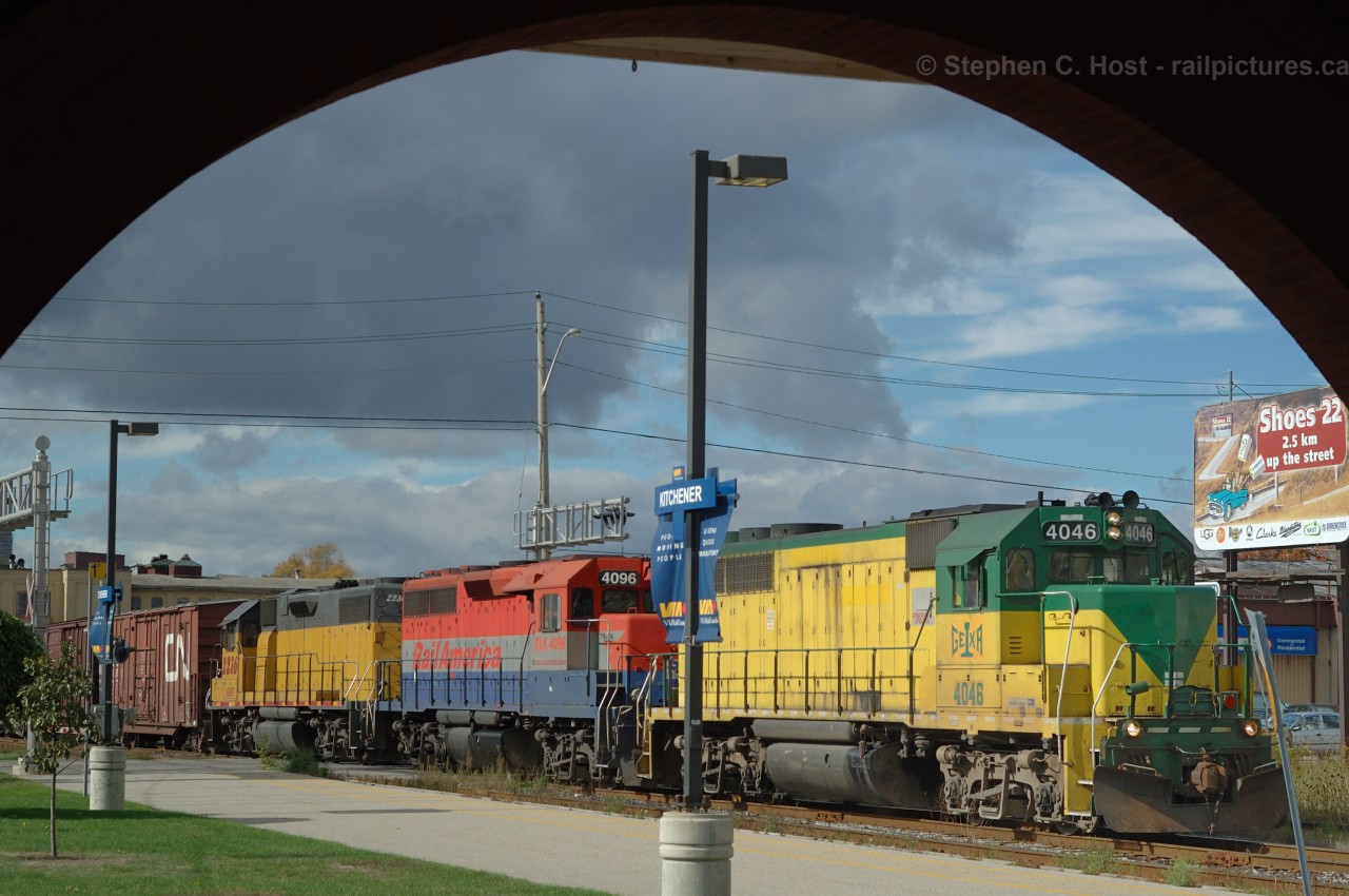 Before the arrival of the SD's - geeps were king on GEXR. Here we see GEXR 432  framed in the station archway at Kitchener, Ontario as three geeps take the siding to work at Kitchener. VIA 85 will arrive at the station in about 20 minutes - GEXR and VIA would perform this daily ritual until the schedule for 432 was changed a couple years later.