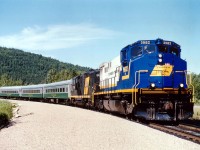 A lot of fans have seen the attractive paint scheme on this HR412(W) 3582 as it toils these days on the Trillium Railway, but few did see it running as the main power on the Mattawa-Temiscaming Excursion Company, a short lived tourist experiment that started up in 1998 and died in 2000. On a beautiful day in Mattawa we see the OVR 3582, 1703 bringing the train back westbound. The 3582 began life as CN 2582, and the GP9E as SP 5602, and she was scrapped in 2008. The excursion train was a good idea, but it just didn't catch on. Perhaps poor marketing? The coaches now roll on the Adirondack Scenic RR in New York State.