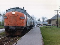 Heading eastward, the Montreal section of the VIA Canadian No.2 stops for passengers at the classic old CP station at Carleton Place, ON. Being early 1981, we're only 3 years into the formation of VIA, and the consist of this train attributes to that. The "CN" is showing thru the tattered paint of the leader, B unit 6621 sports the new blue & yellow scheme, as does the 5th car, but heritage CP and CN coaches are very evident. Of course this is part of the trackage that has made all the news lately, track has been taken up all the way up to Mattawa, a distance of close to 200 miles. In town here, the station still stands, but the track is only a fond memory.