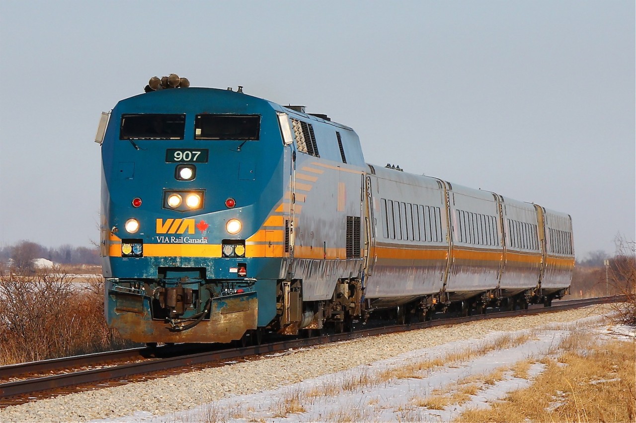 VIA 73 thundering by at nearly 100mph on the Chatham Sub as it crosses Dauphin Road.