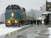 Twenty-five to thirty-five pax board VIA Train #84, Stratford, seven days a week !  Here's VIA (F40PH-3)6424 at 8:33am Thursday, February 28th 2013...despite the wet weather.