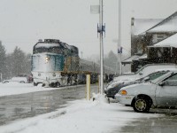 Winter railroading in Perth County.  VIA (F40PH-3)6432 at Stratford ON station 8.30am Wednesday, Feb 27th 2013. f4.5 x 153mm.