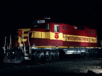 Ex ACR GP7lm 100 is at Hawk Junction on a warm summer night. I used 5 No. 5B flashbulbs on Kodachrome 64 film and an f stop of 5.6. It was nearly midnight by the time it got dark enough to take this night shot.