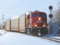 CP train 204 is diverging into the single track Nipigon subdivision at Current River. Remnants of the track to CN's Kinghorn subdivision can be seen to the left. The connecting switch was removed by CP in the fall of 2012 and new signal masts facing both directions were installed at the same time.