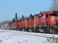 Train 306 is carded as a unit train with 112 export grain hoppers destined for Trois Rivieres, PQ. This consist of SD40-2 5757, SD40-2F's 9004, 9011 and SD40-2 6072 - will be taken off in Thunder Bay and replaced with an all GE headend for the eastward trip.
