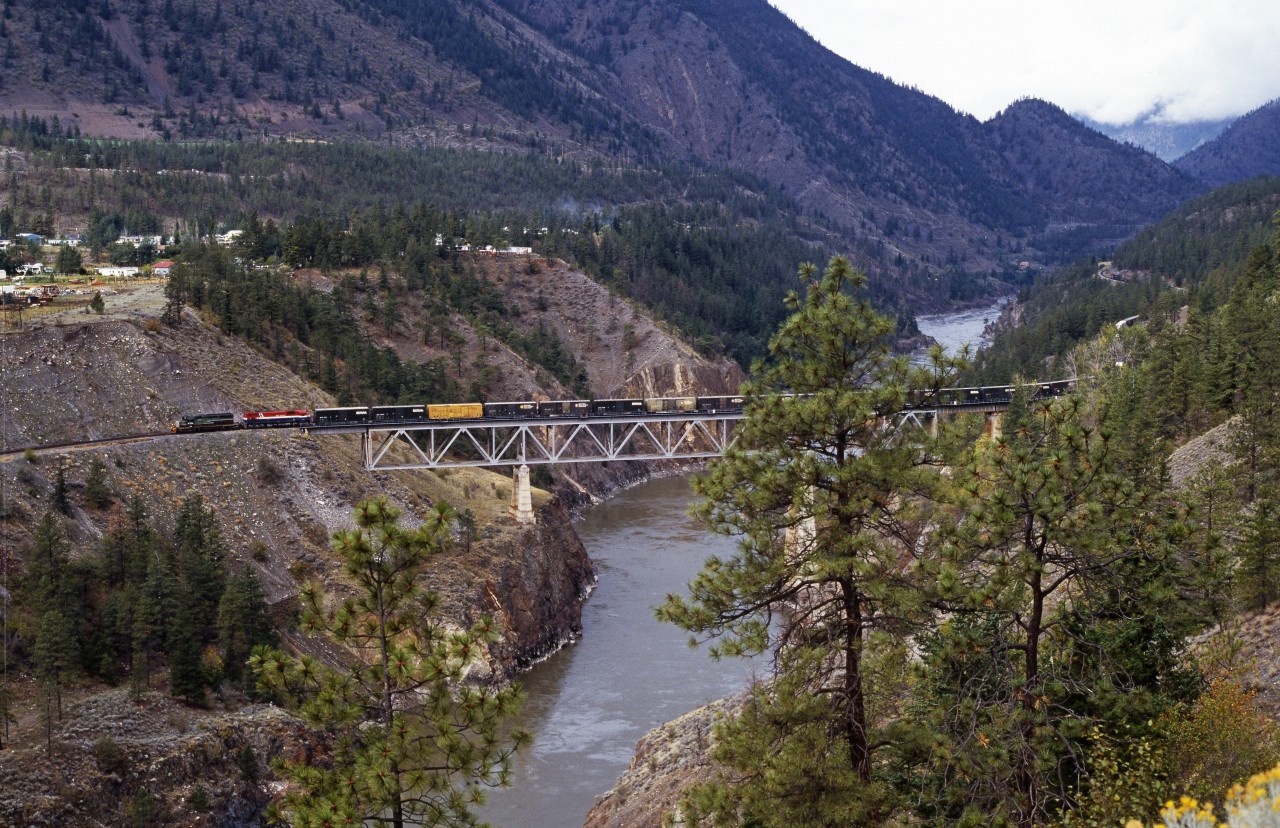 BC Rail southbound freight arriving at Lillooet, on Fraser River bridge.