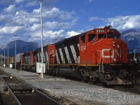 Westbound freight pausing at Jasper AB, GMD-SD-40-2W leading