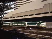 GO Transit train arriving at Union Station, Toronto, with cab-control/power car leading.