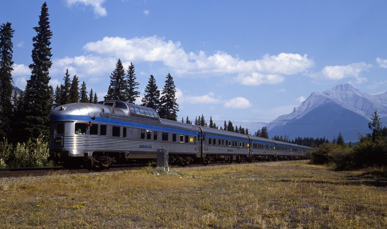 Eastbound VIA 2, the Canadian, with tail car "Banff Park", pulling out of Banff station.